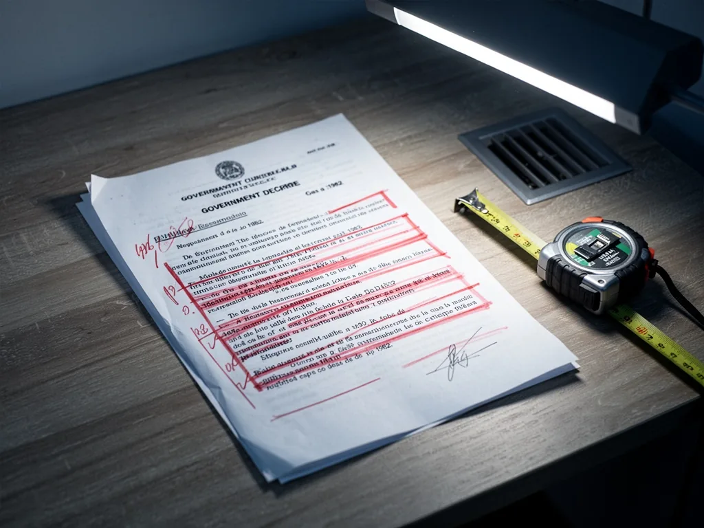 A printed government decree from 1982 with red markings on airflow regulations, placed on a wooden desk beside a tape me