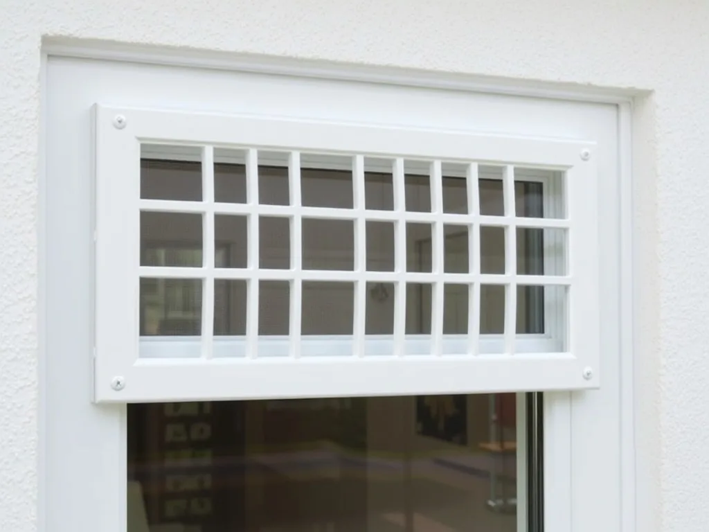 Grille d'aération blanche installée sur le dormant d'une fenêtre PVC sans perçage, vue rapprochée