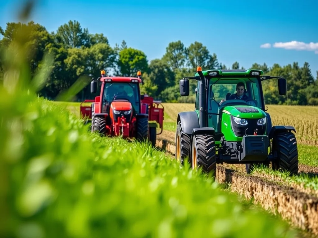 Matériel agricole en plein champ avec un tracteur au travail