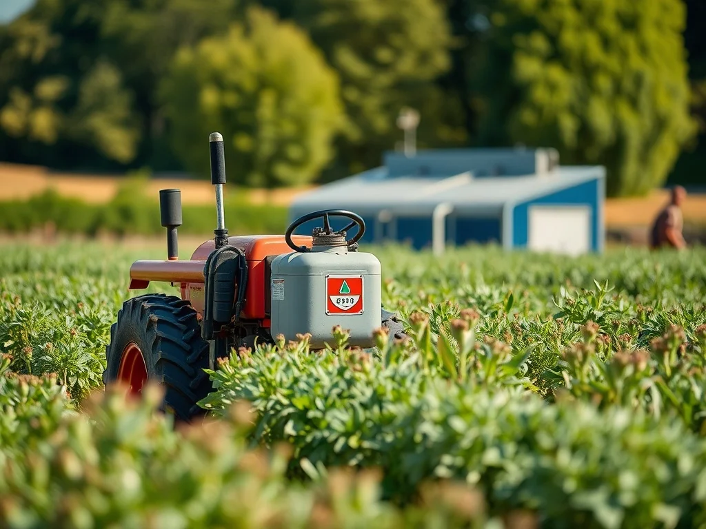 Pompe à carburant utilisée dans un contexte agricole avec un tracteur.