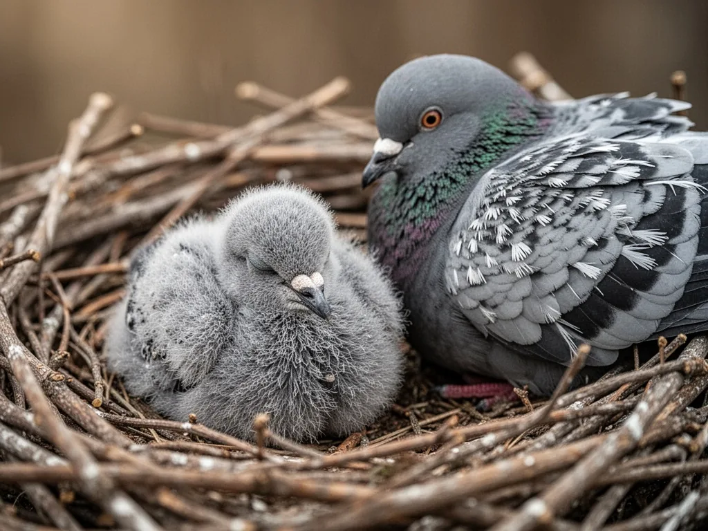 A fluffy grey baby pigeon with closed eyes, resting on a nest of twigs, next to a slightly older pigeon with pin feather