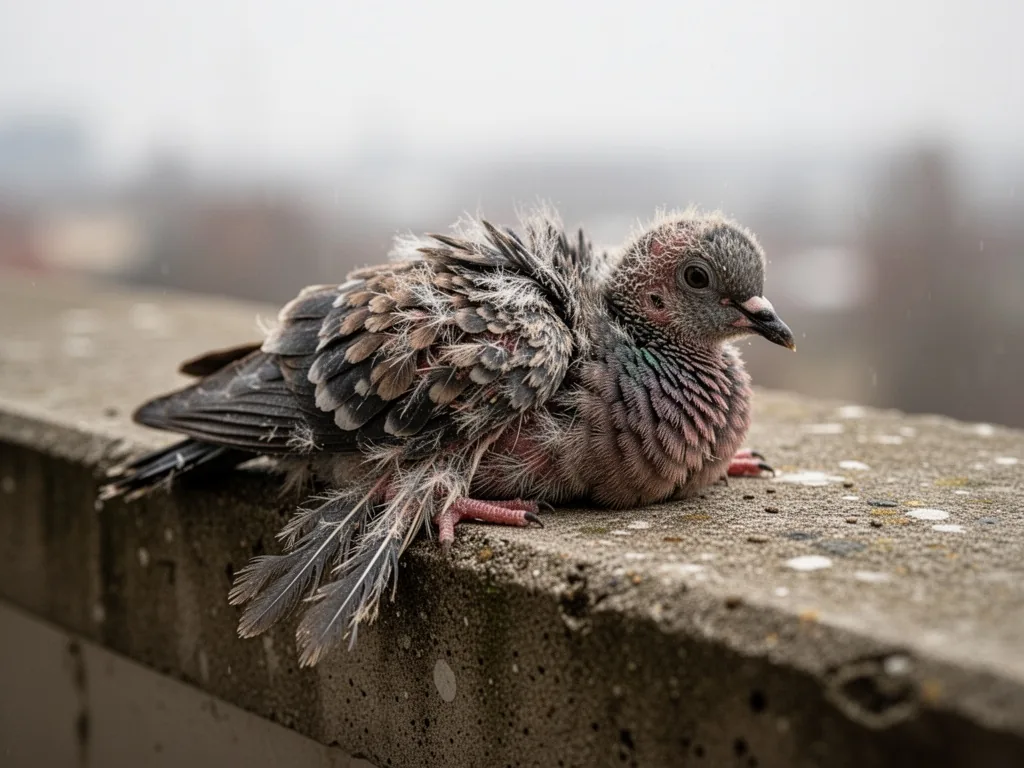 A sickly baby pigeon with ruffled feathers and drooping wings, lying on a concrete ledge, muted overcast daylight