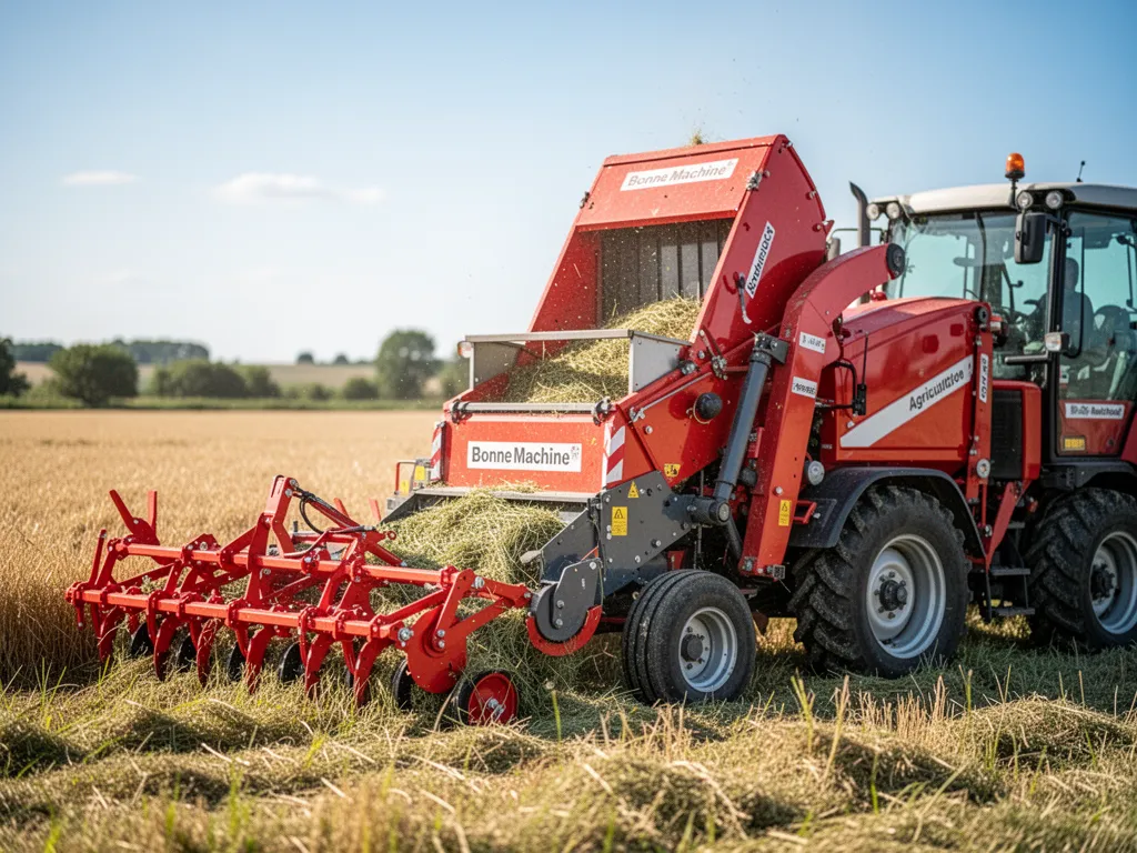 Broyeur fixé à l'arrière d'un tracteur en bord de parcelle, tiges et branchages au premier plan