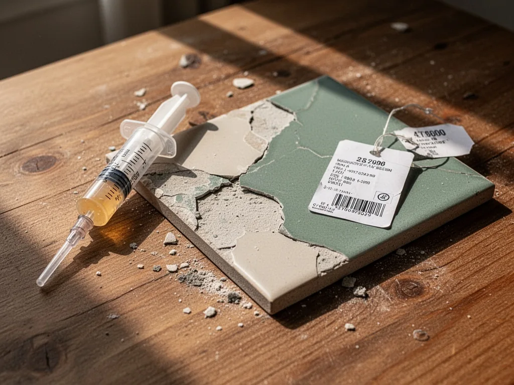 Two repair options on a wooden table: a syringe of epoxy resin and a new square tile with a price tag attached, warm aft