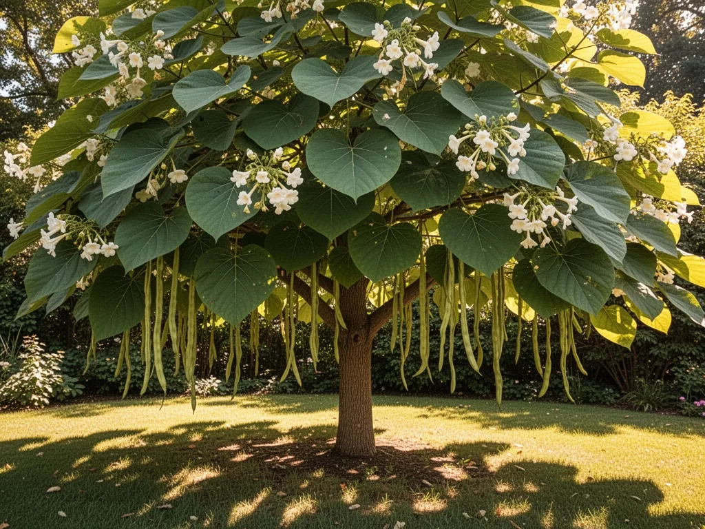 A mature catalpa tree with large heart-shaped leaves, white trumpet flowers, and long bean-like seed pods, midday sun ca