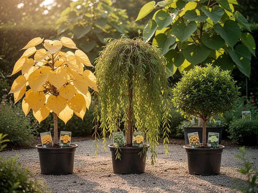 Three potted catalpa varieties side by side: golden-leaved, weeping, and compact dwarf, labeled nursery tags, soft after