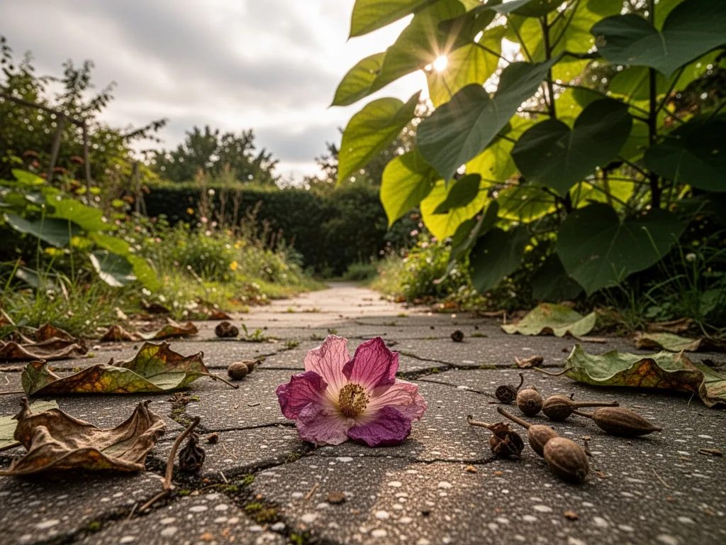 A crushed catalpa flower on cracked pavement surrounded by wilted leaves and fallen seed pods, overcast sky, quiet negle