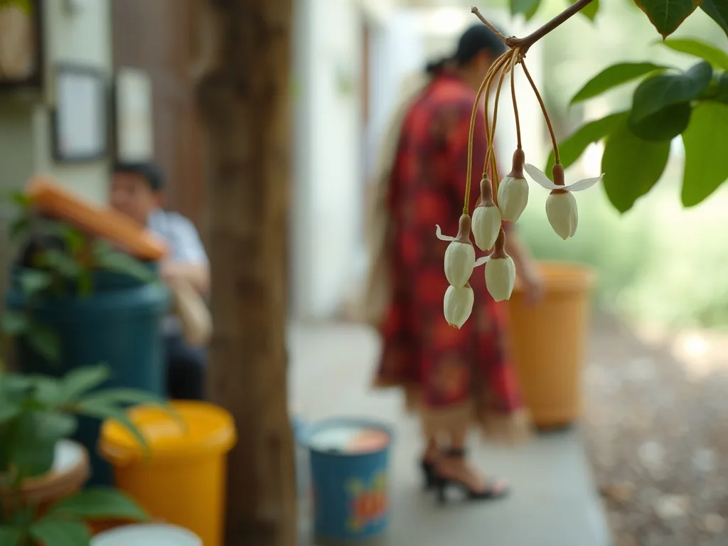 Gros plan sur les fleurs blanches en clochettes du catalpa, avec feuilles vertes en arrière-plan