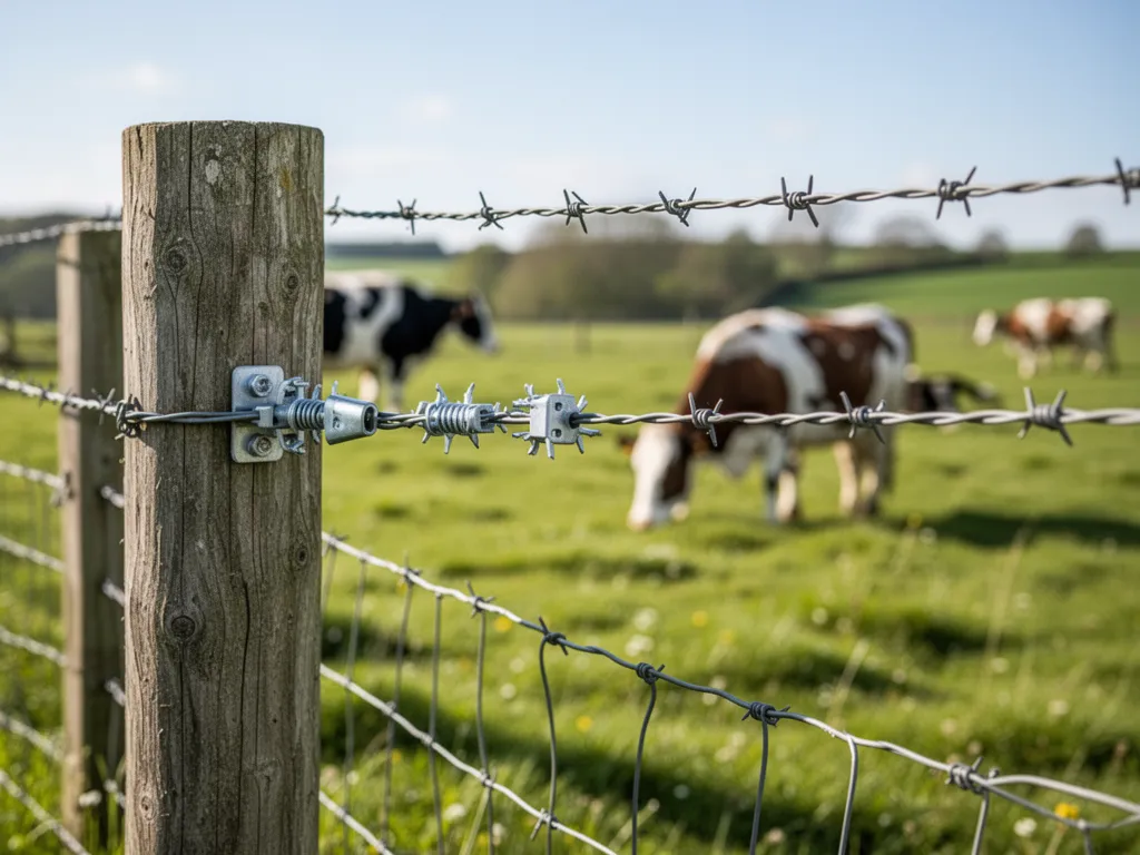 Pâturage avec poteaux et fils d'une clôture électrifiée, électricateur posé sur une palette près d'un hangar