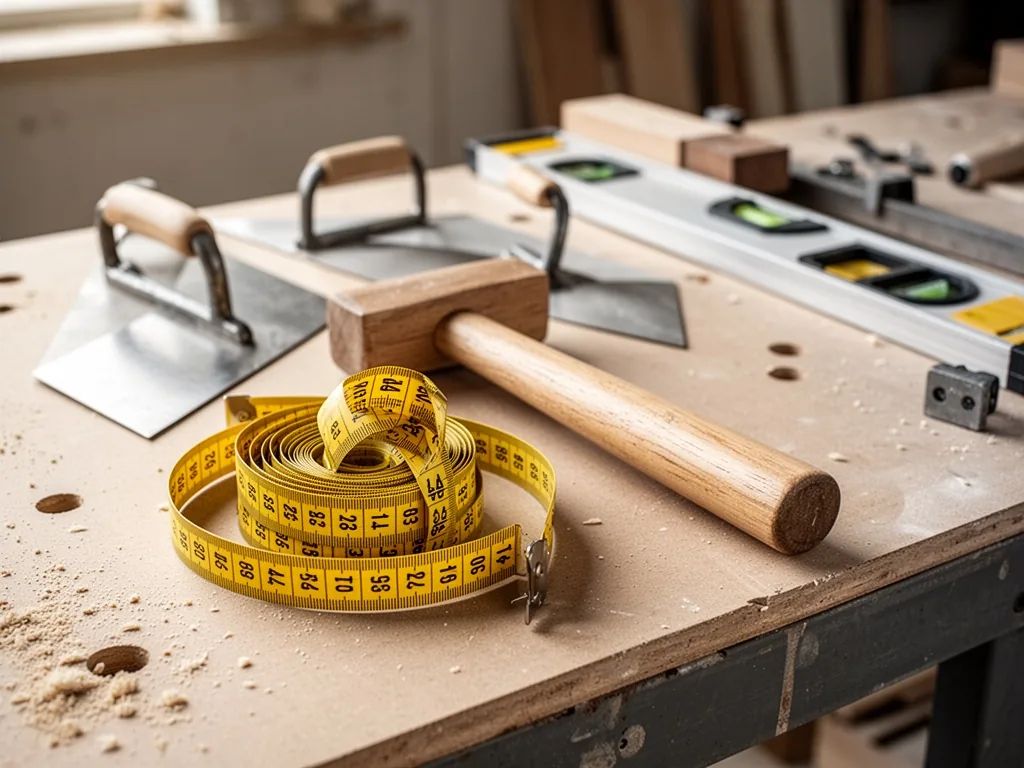 A yellow measuring tape coiled next to a wooden mallet on a workshop workbench, with metal trowels and a spirit level, s