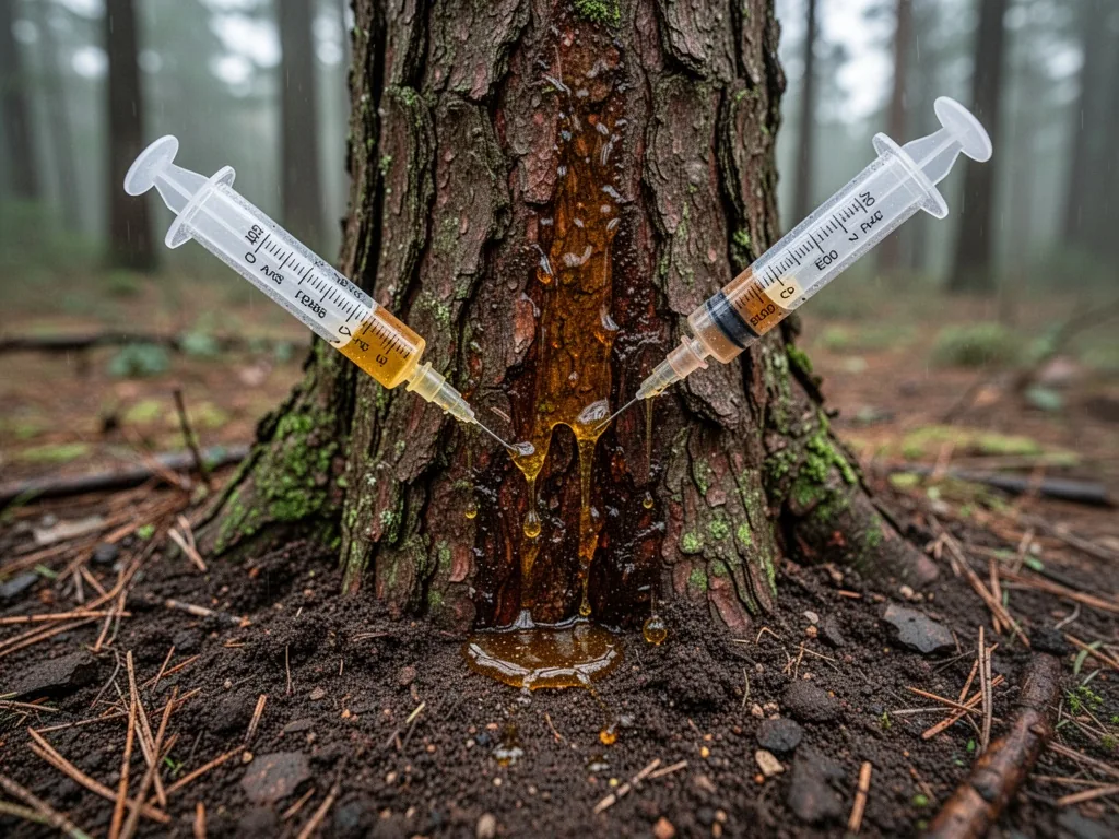 A syringe injecting systemic herbicide into a tree trunk, amber liquid pooling in bark crevices, damp soil, overcast day