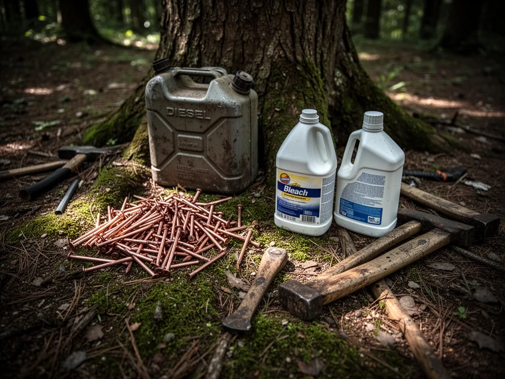 Copper nails, a diesel can, and a bleach bottle scattered on mossy ground beside a tree base, worn tools, soft shadow fr