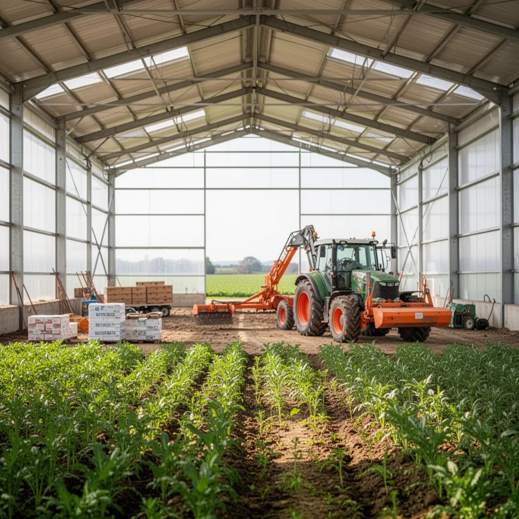 Hangar agricole en acier gris avec une cuve de carburant et des remorques stationnées sur une cour cimentée