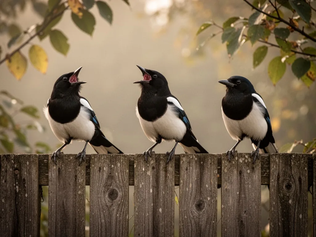 Three magpies lined up on a weathered wooden fence, each showing a different call posture, head tilted, beak wide open, 