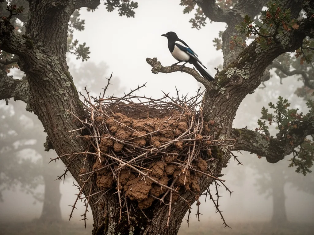 A magpie nest woven from thorny twigs and dried mud, lodged in an oak tree fork, a single magpie silhouette perched on a