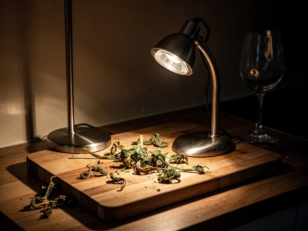 A single countertop halogen lamp casting harsh shadows on a wooden cutting board, wilted herbs scattered, empty wine gla