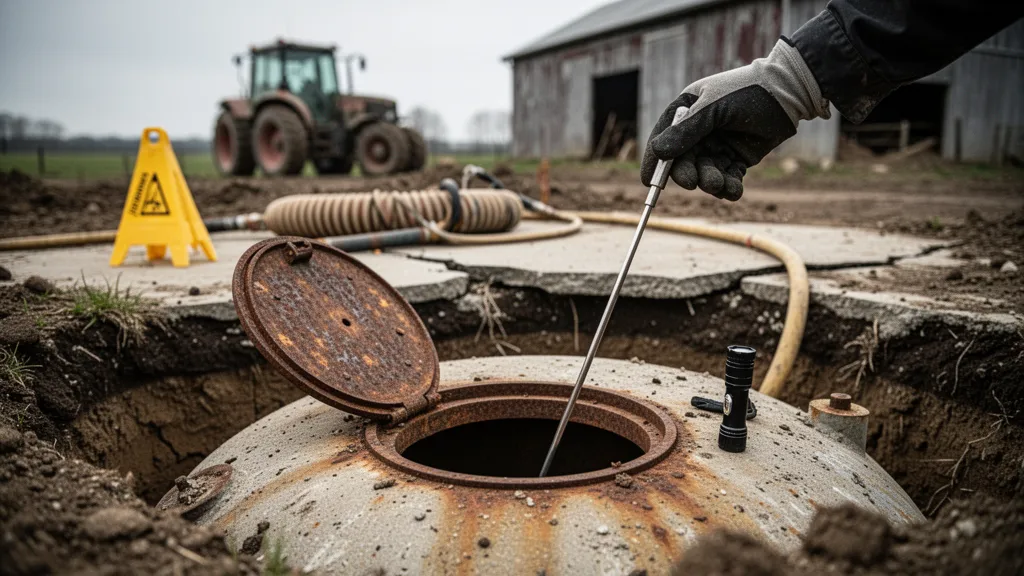 Cuve à fuel enterrée en cours d'installation sur une exploitation avec terrassement et raccordements visibles