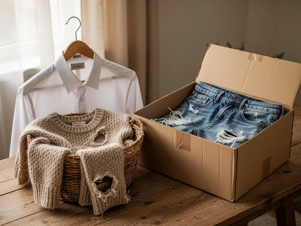 A hanger with a white shirt, a woven basket holding a mended sweater, and a cardboard box containing ripped jeans, on a 
