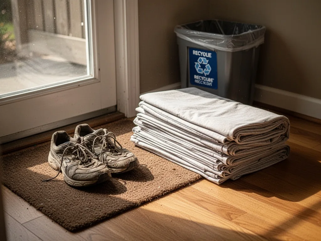 A pair of worn sneakers on a doormat next to an accordion-folded bedsheet, a recycling bin in the corner, side-lit by af