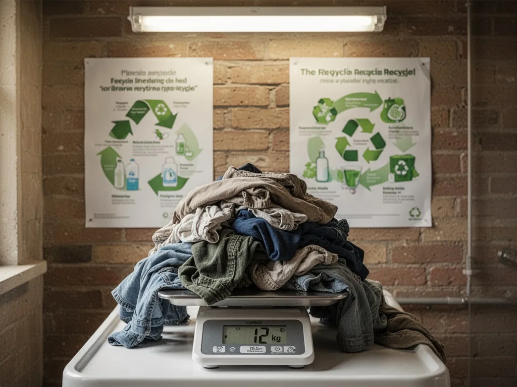 A heap of discarded clothes on a bathroom scale showing '12 kg', a poster with a recycling infographic on the brick wall
