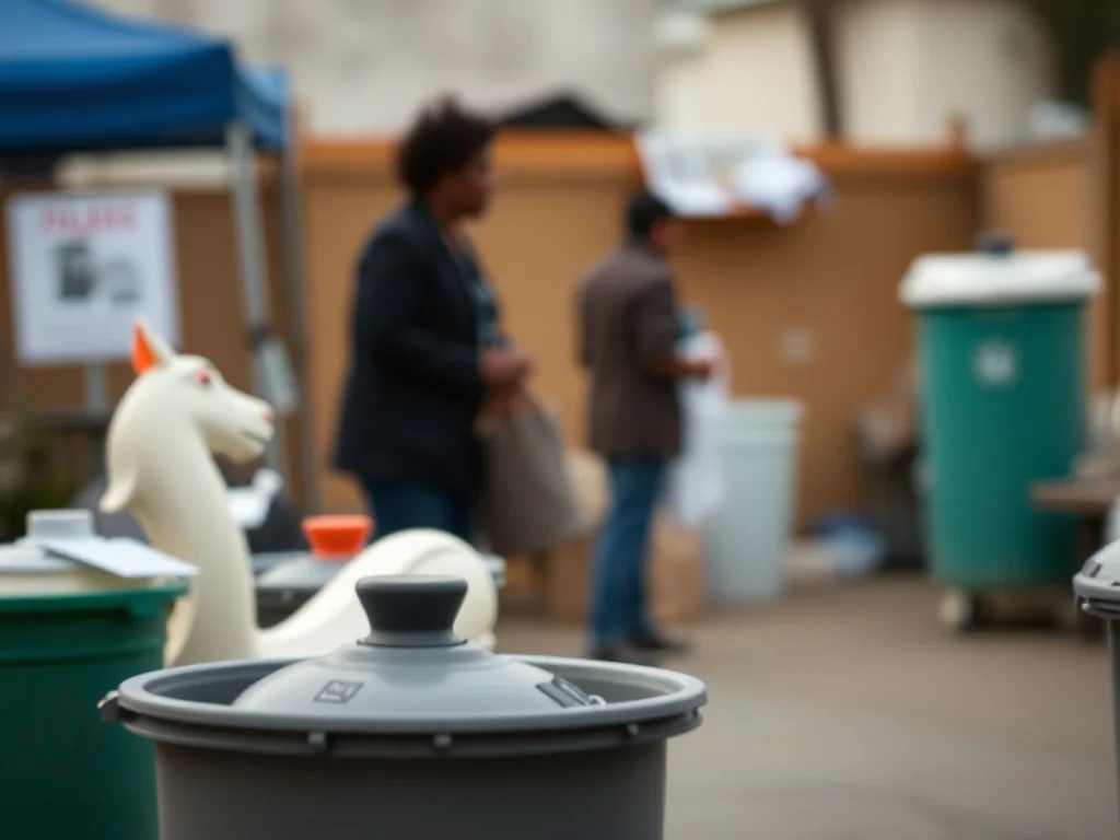 Vêtements usagés pliés devant une borne de collecte textile en ville