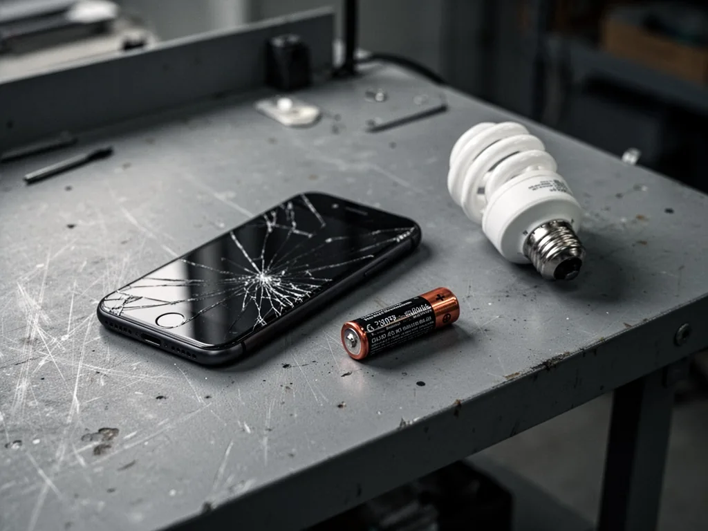 A scratched gray workbench holding a cracked smartphone, a spent AA battery, and a compact fluorescent light bulb, dim i