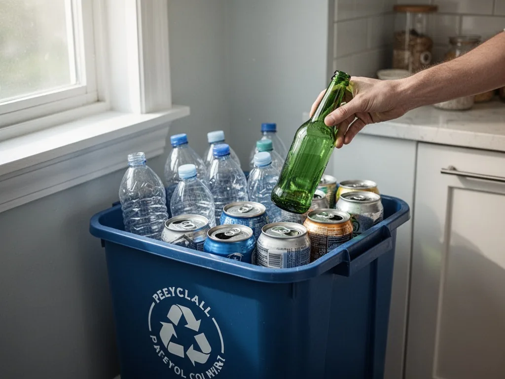 A blue recycling bin in a bright kitchen corner, filled with sorted plastic bottles and aluminum cans, a hand placing a