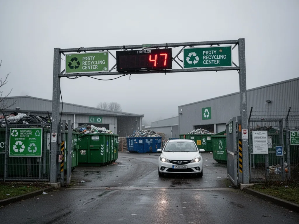 A recycling center entrance gate with a digital counter showing vehicle count 47, a white car waiting, grey overcast sky