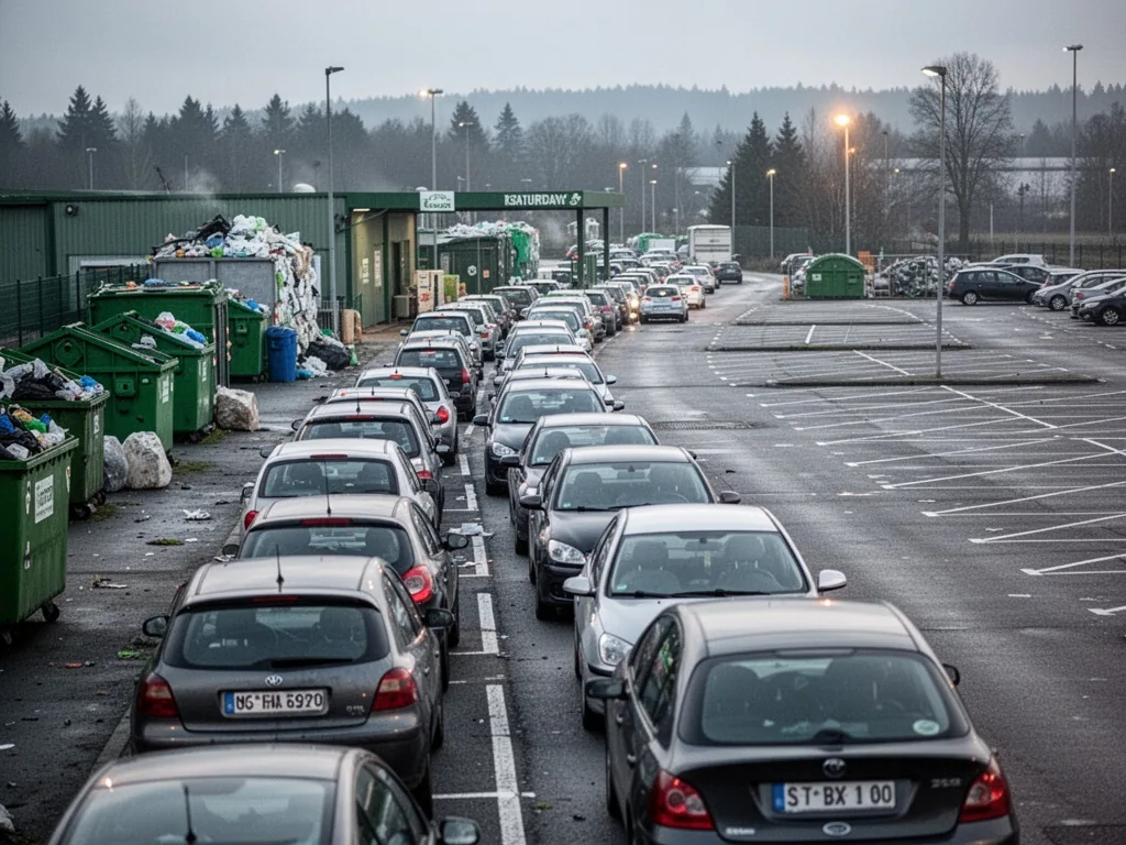 A long queue of cars lined up at a recycling center on a crowded Saturday, empty parking spaces visible in the distance,