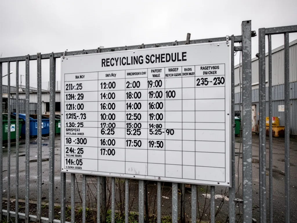 A large white schedule board with black times and dates, mounted on a metal fence at a recycling center, overcast daylig