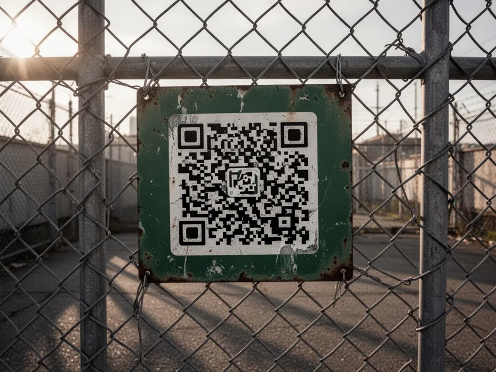 A QR code printed on a weathered green metal sign, attached to a chain-link gate, morning sun casting long shadows