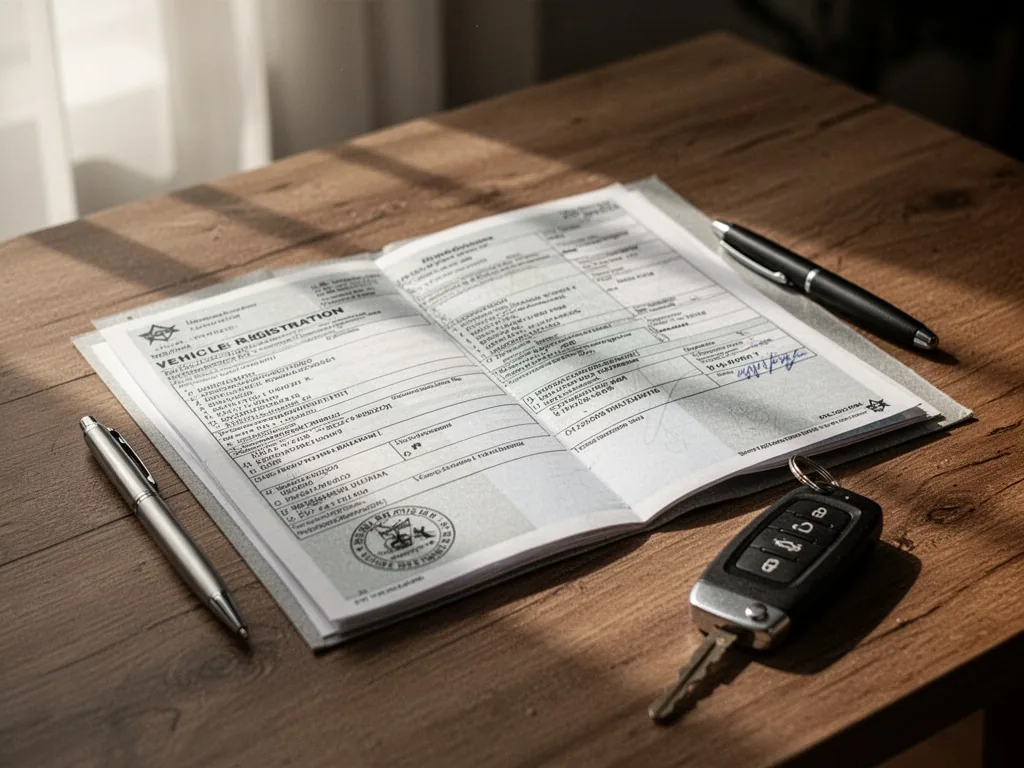 A vehicle registration document spread open on a wooden table, a pen and car key beside it, soft window light casting ge