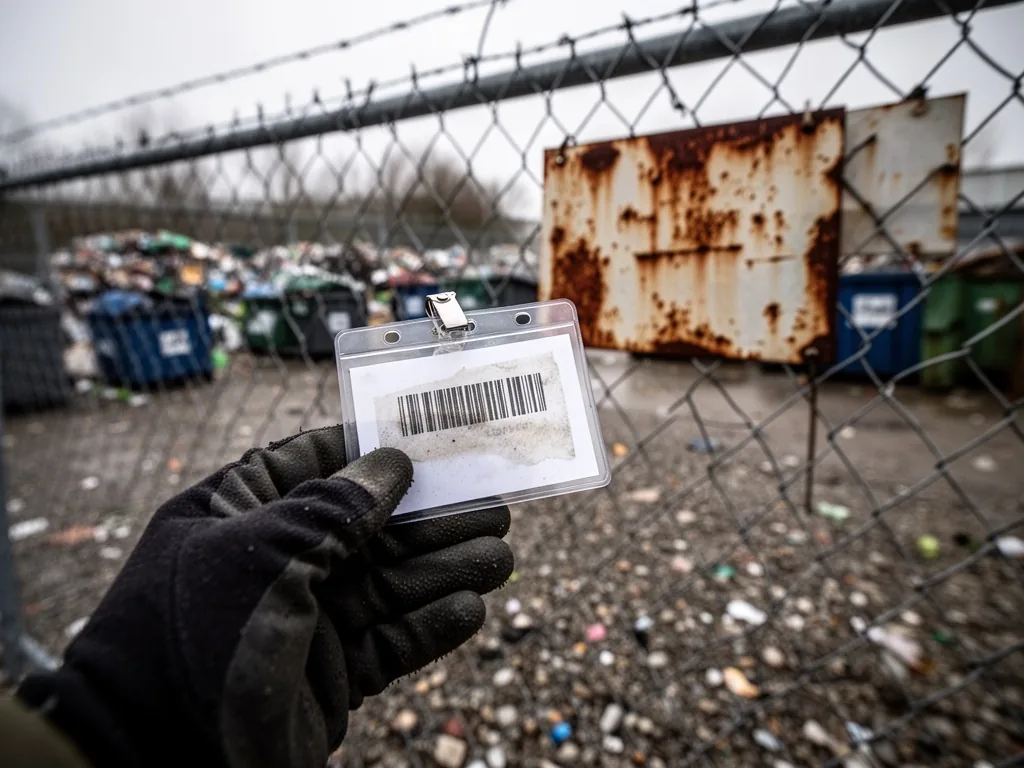 A plastic access badge with a faded barcode held by a gloved hand near a chain-link fence at a recycling center, overcas