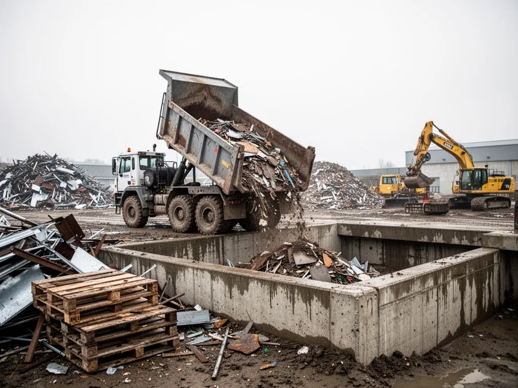 A large dump truck unloading construction debris into a concrete bay at an industrial recycling center, flat white sky, 