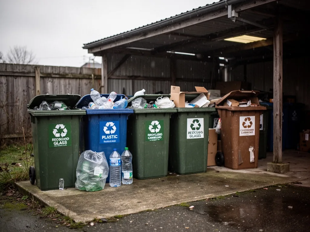 A tidy row of recycling bins labeled for glass, plastic, and cardboard, neatly arranged on a concrete pad, soft overcast
