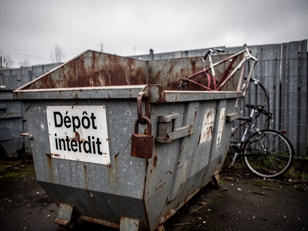 A large metal dumpster with a rusted padlock and a sign reading 'Dépôt interdit', half-empty under a grey sky, a discard