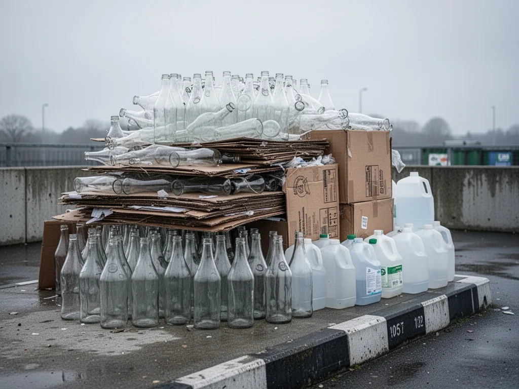 A neatly stacked pile of clear glass bottles, flattened cardboard boxes, and plastic jugs on a concrete recycling platfo