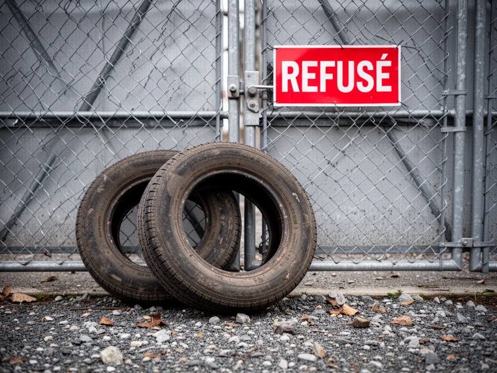 An old worn car tire leaning upright against a closed chain-link gate with a red ‘REFUSÉ’ sign, scattered gravel ground,