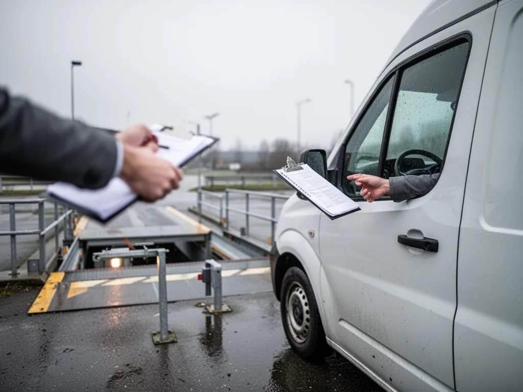 A white commercial van stopped at a metal weighbridge, a blurred hand holding a clipboard out the driver window, wet asp