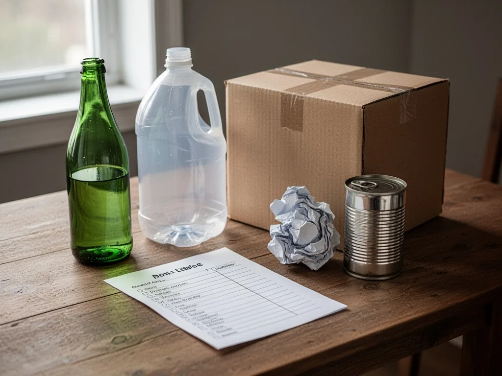 A wooden table with sorted waste in organized arrangement: green glass bottle, clear plastic jug, brown cardboard box, c