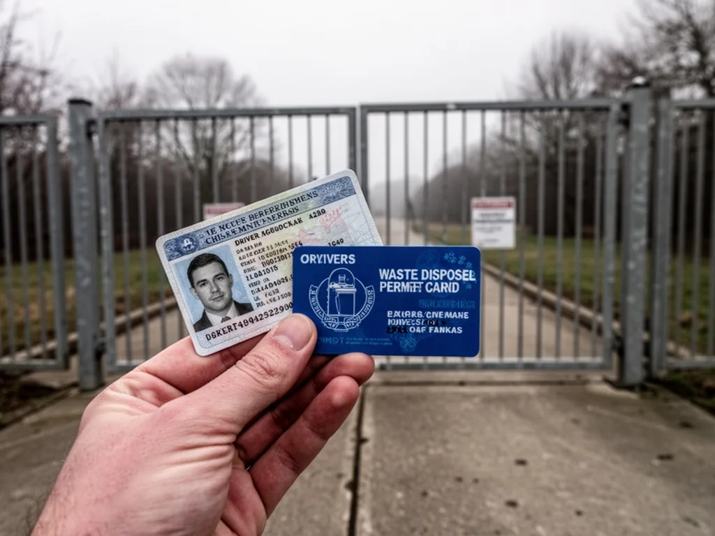 A hand holding a driver's license and a blue waste disposal permit card against a metal gate entrance, overcast sky, blu