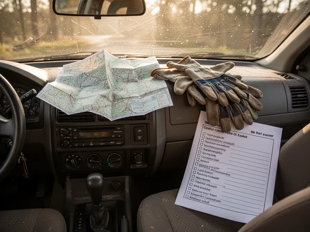 A car dashboard with a folded map, a pair of gardening gloves, and a printed checklist on passenger seat, morning sunlig