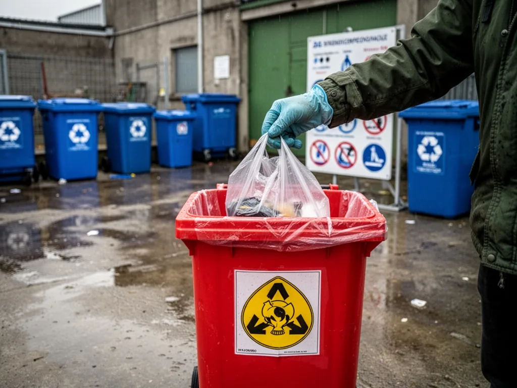 A gloved hand placing a plastic bag into a red bin marked with a hazard symbol, scattered blue recycling bins and a sign