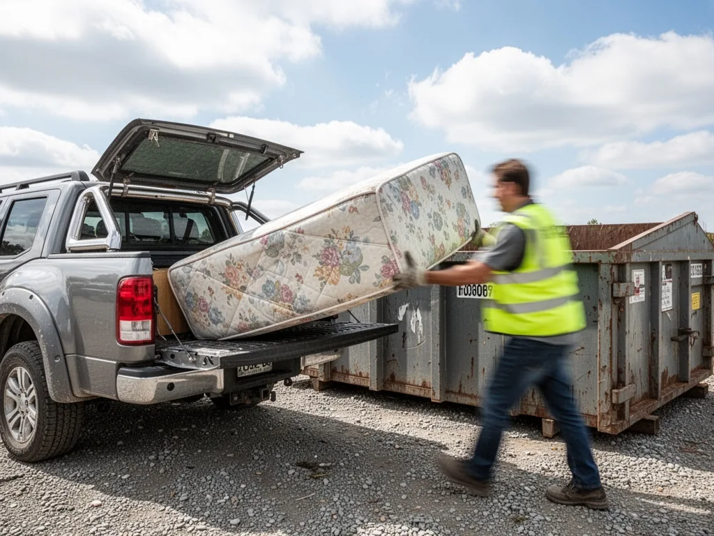 A pickup truck tailgate open, a blurred worker in a safety vest pushing a stained mattress onto a large metal dumpster, 
