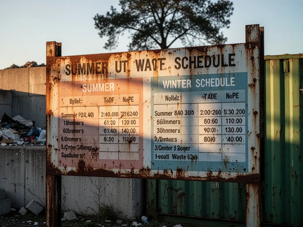 A rusty signboard at a waste facility showing dual summer and winter schedules, sunlight casting shadows across the pain