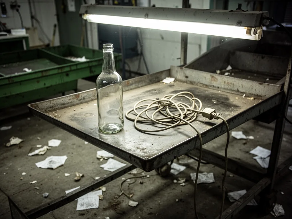 A clear glass bottle and a tangled electrical cord rest on a worn metal sorting table under harsh fluorescent light, dus