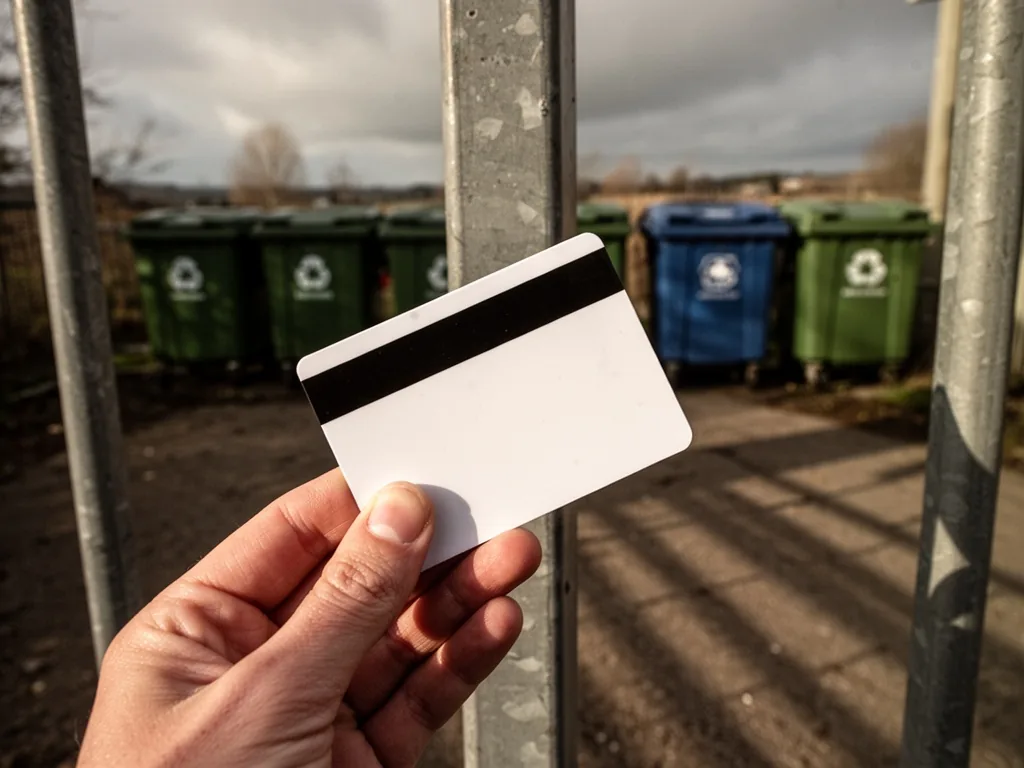A white plastic access card with magnetic stripe held by fingers against a metal barrier, sunlight casting long shadows,