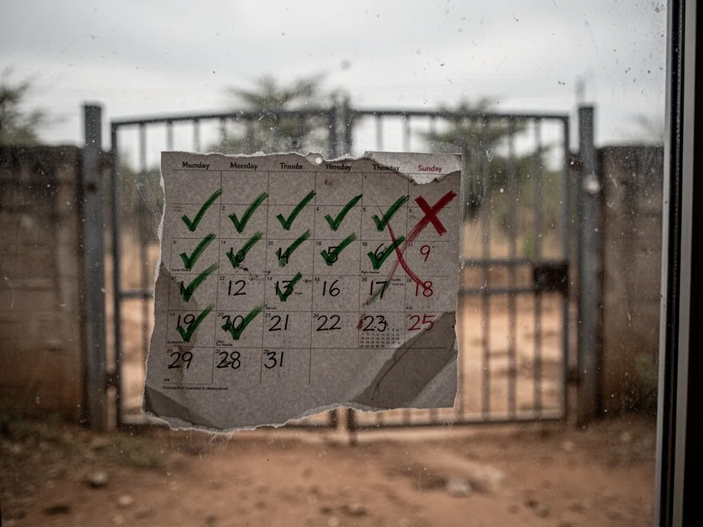 A torn calendar page with twelve green checkmarks, a red X over the thirteenth entry, closed metal gate blurred through 