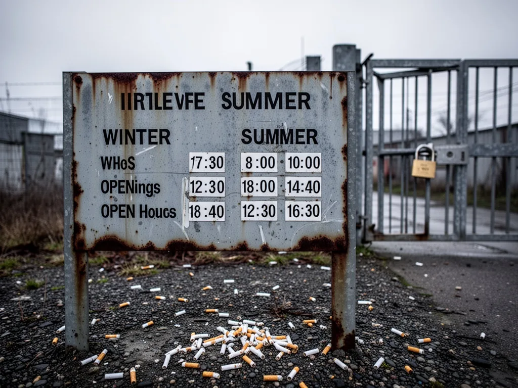 A weathered metal signboard with winter and summer opening hours, rusted edges, overcast daylight, discarded cigarette b