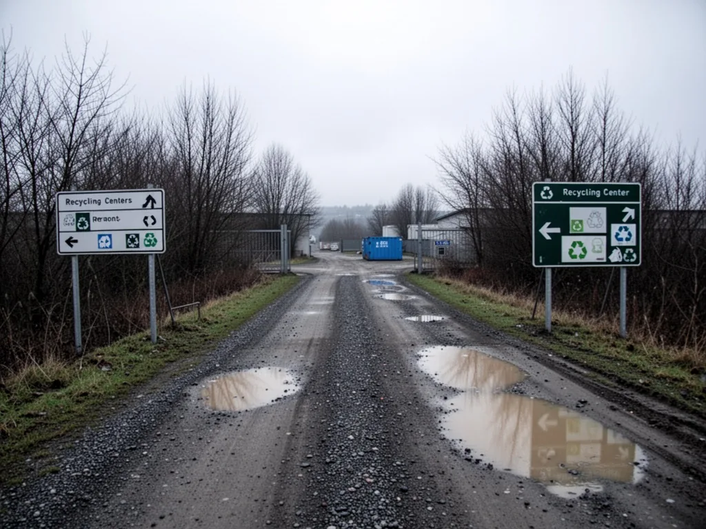 A narrow gravel road leading to a recycling center entrance, a directional sign with arrows, overcast sky, bare trees, a